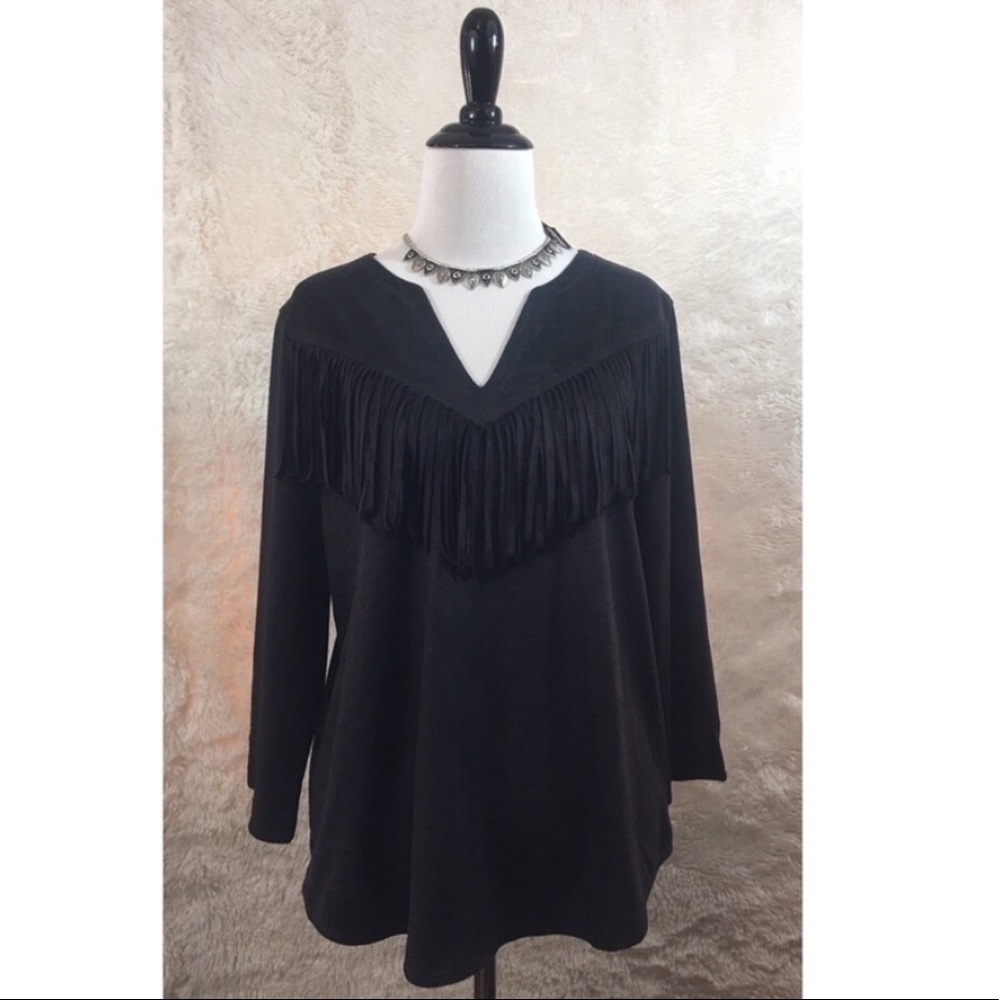 Express Black Faux Suede Top Fringe Detail Small